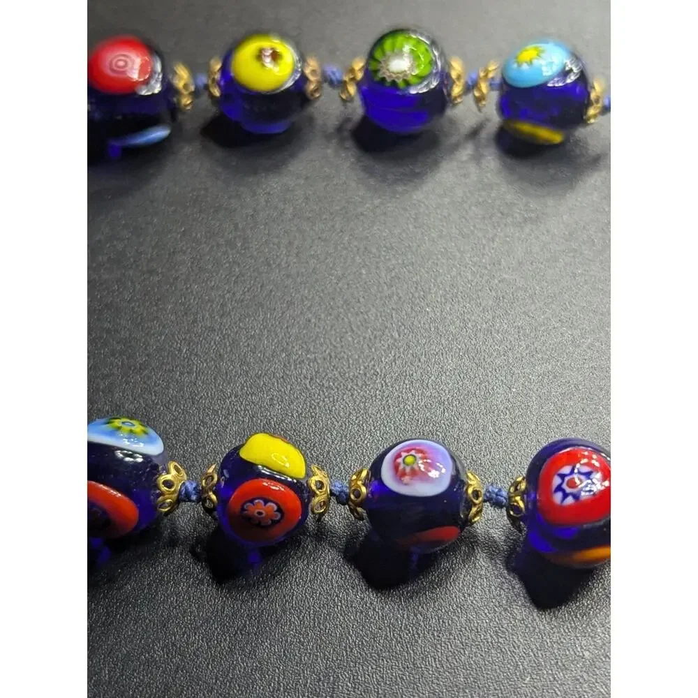 Vintage Millefiori Glass Bead Bracelet – Cobalt Blue w/ Multicolor Floral Canes
